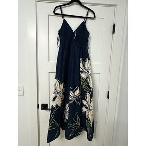 Japna Singh Navy Blue Floral Cotton Maxi Dress Smocked XS 23698